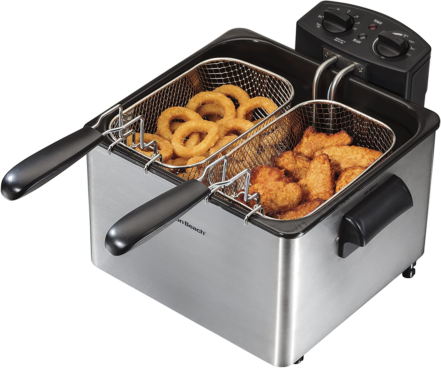 Hamilton Beach Deep Fryer with 2 Frying Baskets, 19 Cups / 4.5 Liters Oil Capacity, Lid with View Window, Professional Grade, Electric, 1800 Watts, Stainless Steel (35036)